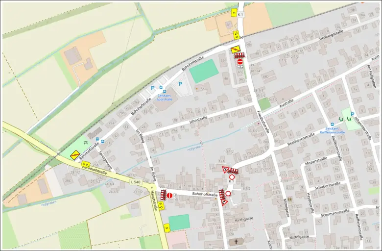 Umleitungsplan | Friedhofstraße - Bahnhofstraße Umleitungsplan für eine Straßensperrung im Bereich Friedhofstraße und Bahnhofstraße in Zeiskam. Die Karte zeigt die gesperrten Straßenabschnitte sowie die ausgeschilderte Umleitungsstrecke über die Bahnhofstraße (L 540) und die Hauptstraße.