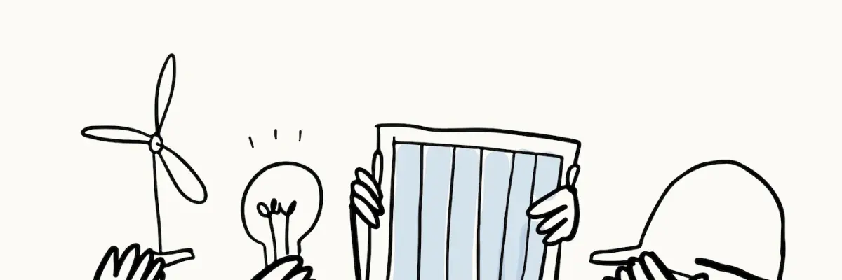 5 teilweise zu sehende Arme mit Händen, welche Wassertropfen, Blumentopf, die Weltkugel, ein Windrad und eine Lampe halten