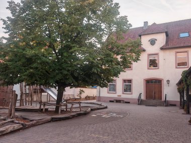 Außenansicht der Grundschule Zeiskam mit historischem Schulgebäude und gepflastertem Schulhof. Im Vordergrund befinden sich ein großer Baum sowie ein naturnah gestalteter Spielbereich mit Holzelementen und Rutsche.