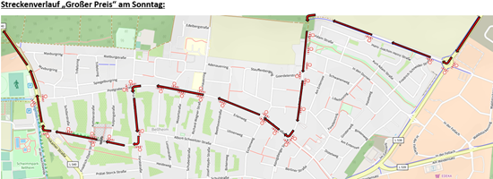Karte des Streckenverlaufs für den „Großen Preis“ am Sonntag. Die Rennstrecke führt als Rundkurs durch mehrere Straßen im Ortsgebiet von Bellheim. Der Verlauf ist durch eine rote Linie markiert und beginnt im Bereich der Hauptstraße. Von dort führt die Strecke unter anderem über die Fortmühlstraße, die Zeiskamer Straße, die Waldstraße sowie weitere innerörtliche Straßen und schließt wieder an den Ausgangspunkt an. Entlang der gesamten Strecke ist während der Veranstaltung mit Verkehrsbehinderungen und zeitweisen Straßensperrungen zu rechnen.